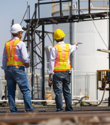 Engineers conducting site inspection and infrastructure project planning at an industrial construction site