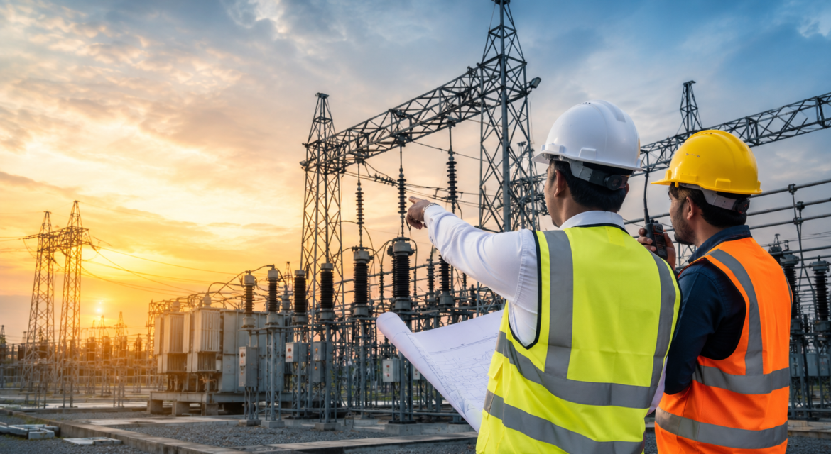 Engineers inspecting electrical substation project