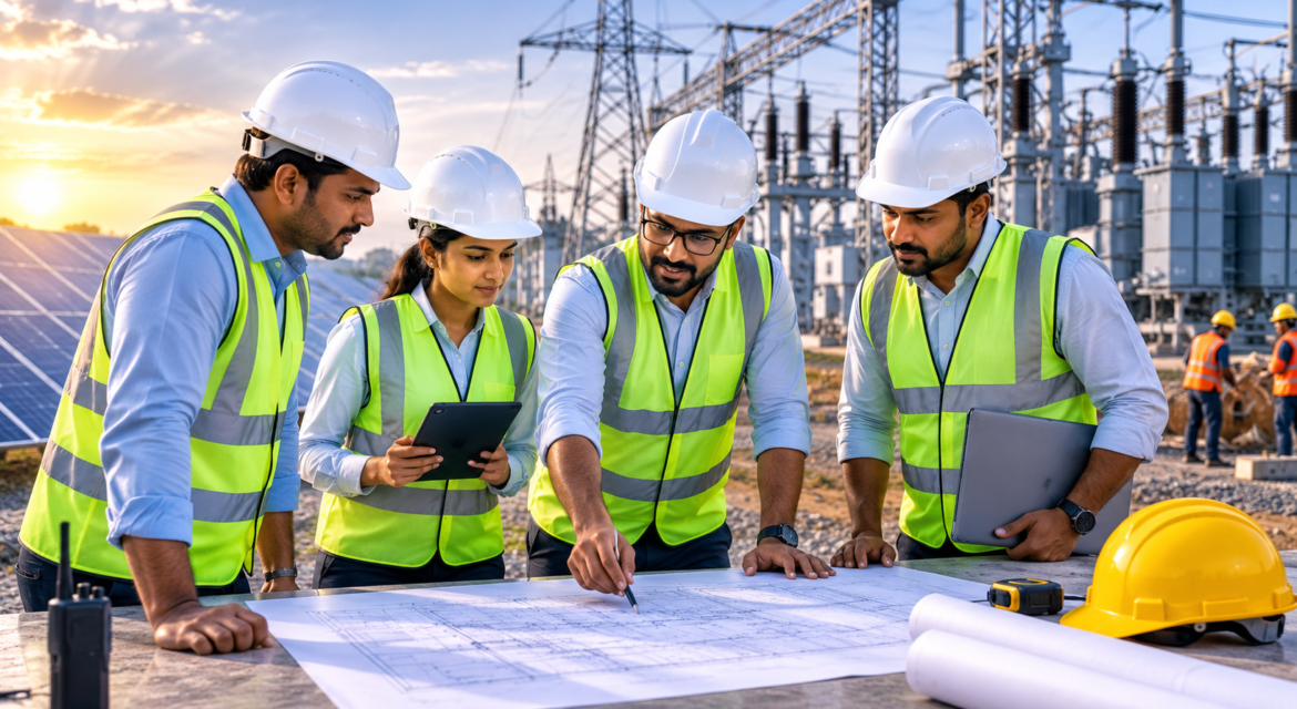 Engineering team discussing EPC project at a solar and electrical infrastructure site