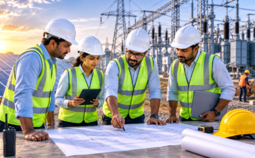 Engineering team discussing EPC project at a solar and electrical infrastructure site